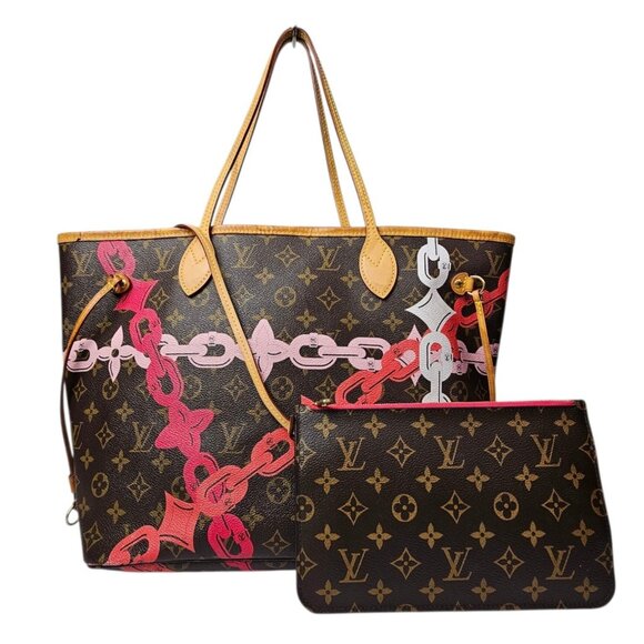 Louis Vuitton Neverfull NM Tote Bay Monogram Canvas Pink MM Pouch Set LDT EDTN - Picture 1 of 16